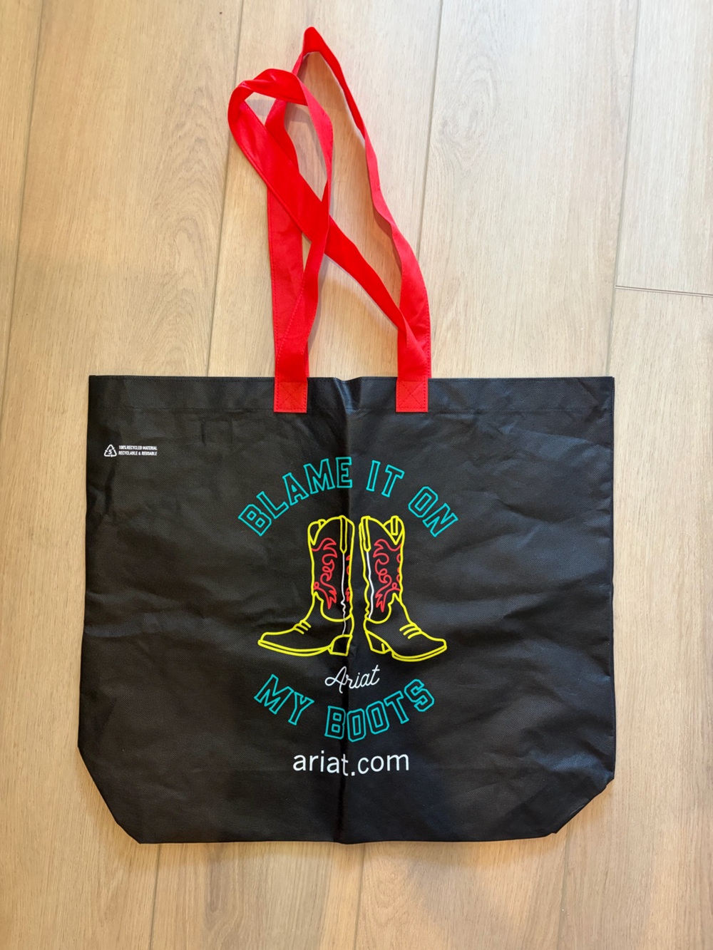 Ariat Black Tote with Red Straps and Colorful Boot Motif
